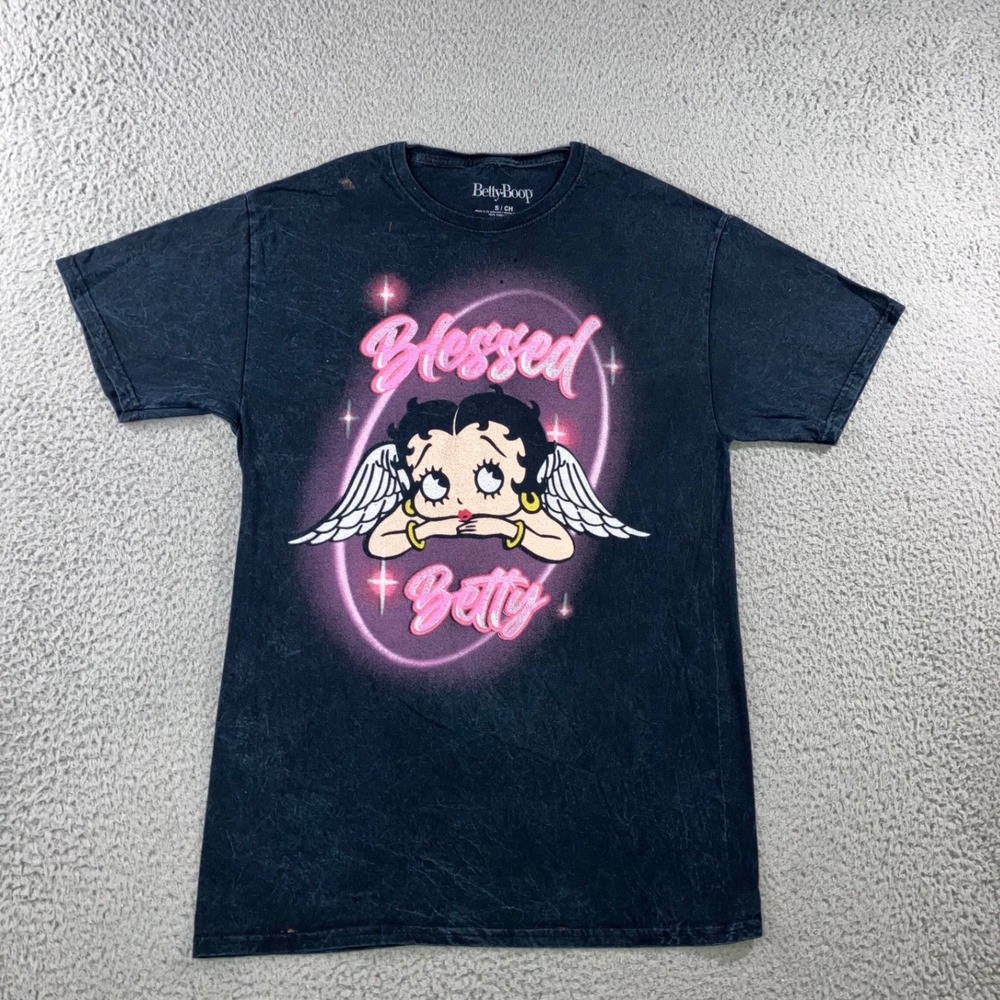 Betty Boop Graphic Tee Men S Black Pink Blessed Angel Acid Wash y2k Soft Grunge